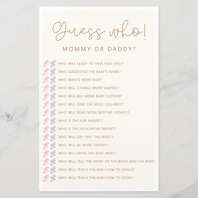 Papier Baby shower Neutre Doux Devinez Qui Joue (Devant)