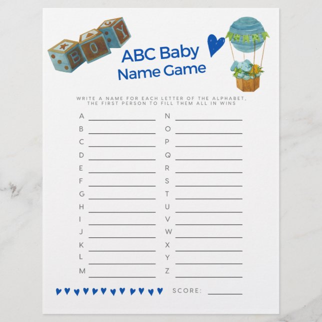 Papier Baby shower Nom du bébé Jeu Bébé Garçon tendance A (Devant)