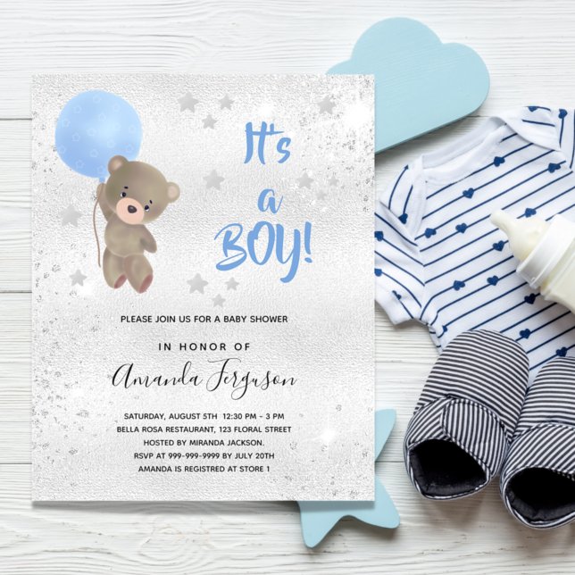 Papier Baby shower ours en peluche garçon bleu argent inv (Créateur téléchargé)