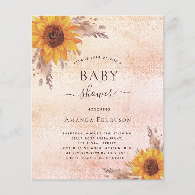 Papier Baby shower pampas tournesols invitation budgétair (Devant)