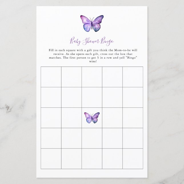Papier Baby shower papillon Bingo Jeu élégant Script (Devant)