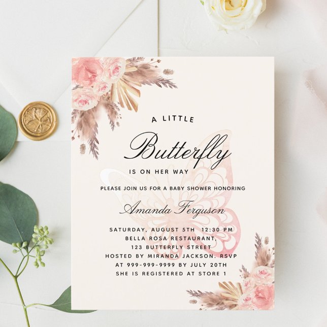 Papier Baby shower papillon rose beige pampa invitation (Créateur téléchargé)
