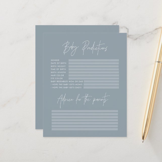 Papier Baby shower parti prédictions jeu bleu poussiéreux (Devant/Arrière en situation)