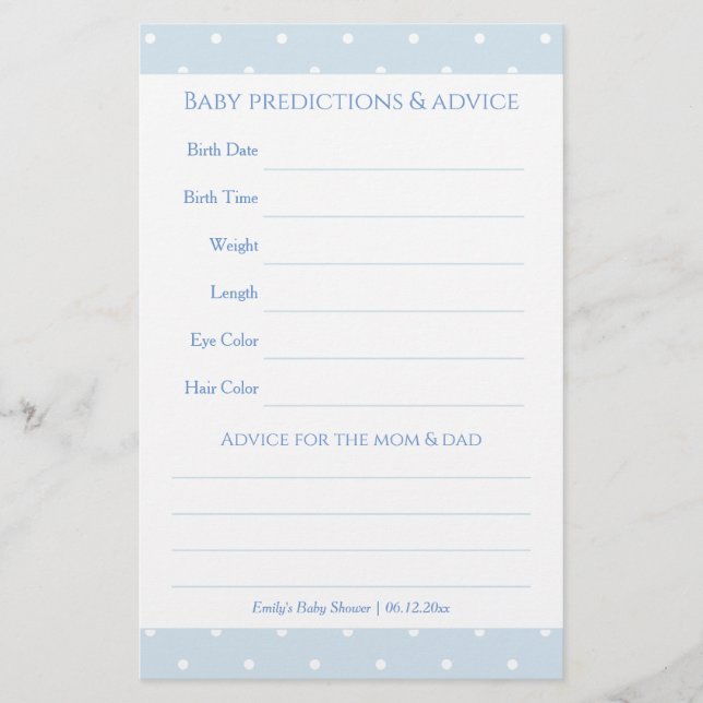 Papier Baby shower Pois classique en bleu Jeu de devis (Devant)