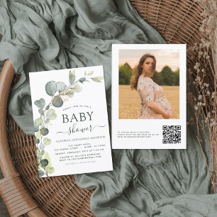 Papier Baby shower QR Code Photo Verdure Eucalyptus