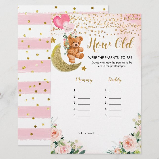 Papier Baby shower rose Bearly Quel âge avaient les paren (Devant / Derrière)