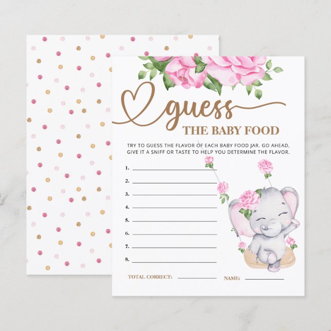 Papier Baby shower rose Eléphant Guess the Baby Food Card (Devant / Derrière)