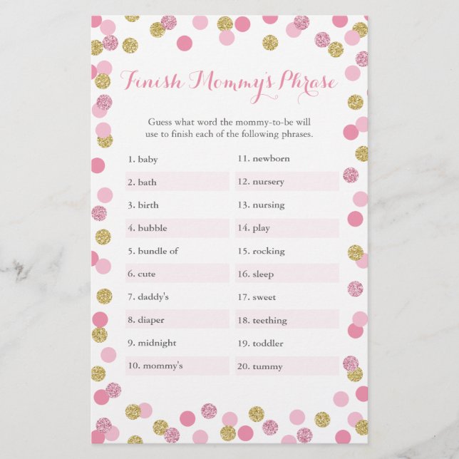 Papier Baby shower rose et or Finish Mommy's Phrase Game (Devant)