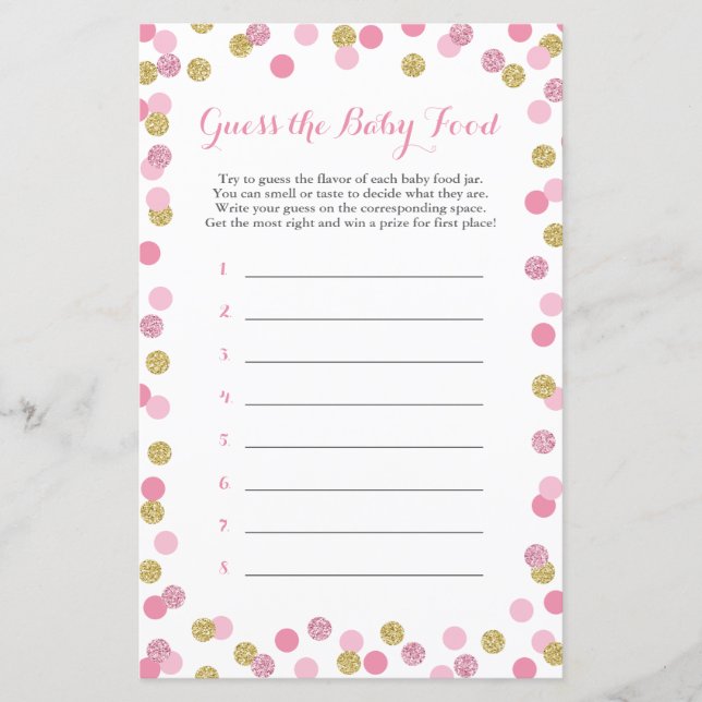 Papier Baby shower rose et or Guess the Baby Food Game (Devant)