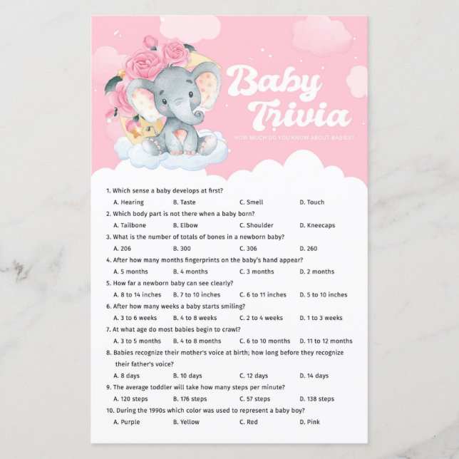 Papier Baby shower rose Floral Elephant Baby Trivia Jeu (Devant)
