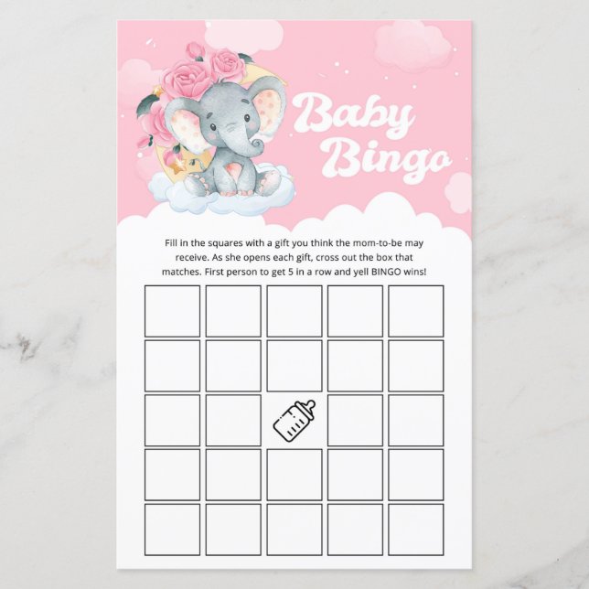Papier Baby shower rose Floral Elephant Jeu de Bingo (Devant)