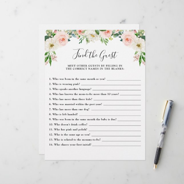 Papier Baby shower rose floral Jeu Trouvez l'invité (Devant/Arrière en situation)