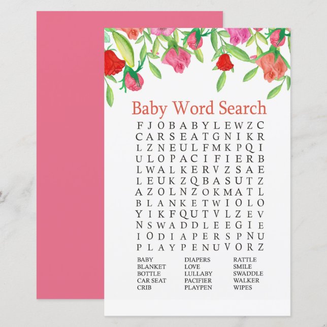 Papier Baby shower rose Jeu de recherche de mots (Devant / Derrière)