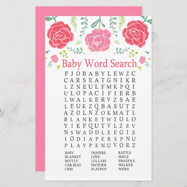 Papier Baby shower rose Jeu de recherche de mots (Devant / Derrière)
