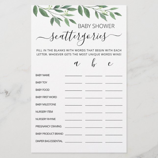 Papier Baby shower Scattergories partie modifiable (Devant)