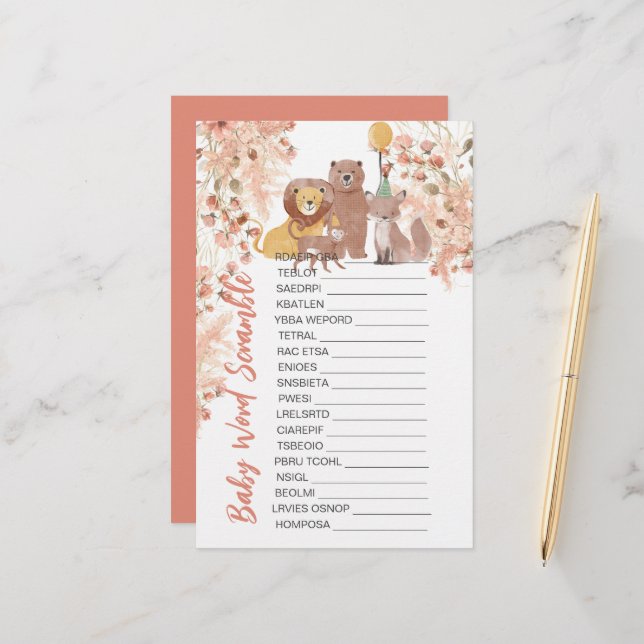 Papier Baby shower Scrambule Boho Safari Pampas Rose Gras (Devant/Arrière en situation)