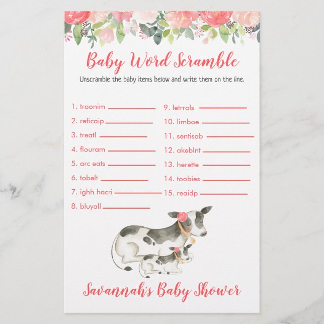Papier Baby shower Vache Bébé Mot Scramble Jeu (Devant)