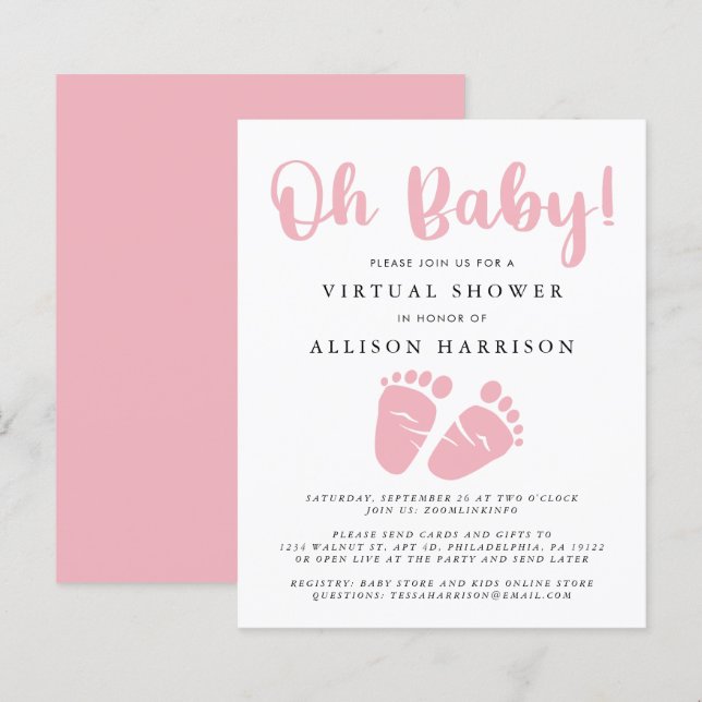 Papier Baby shower virtuel Budget Invitation pieds roses (Devant / Derrière)
