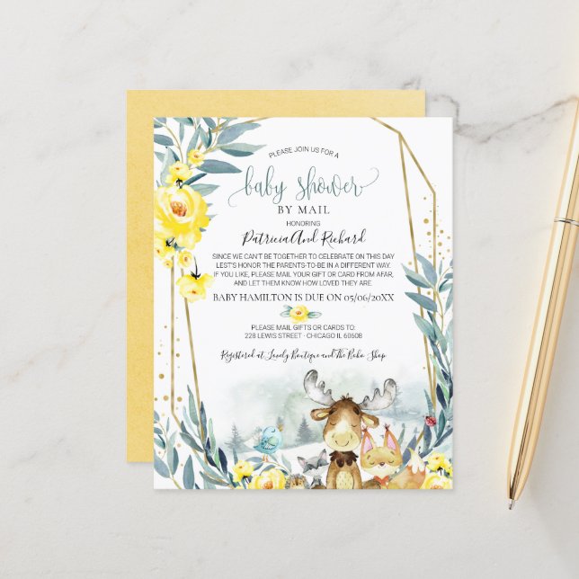 Papier Baby shower Woodland Par Courrier Budget Invitatio (Devant/Arrière en situation)