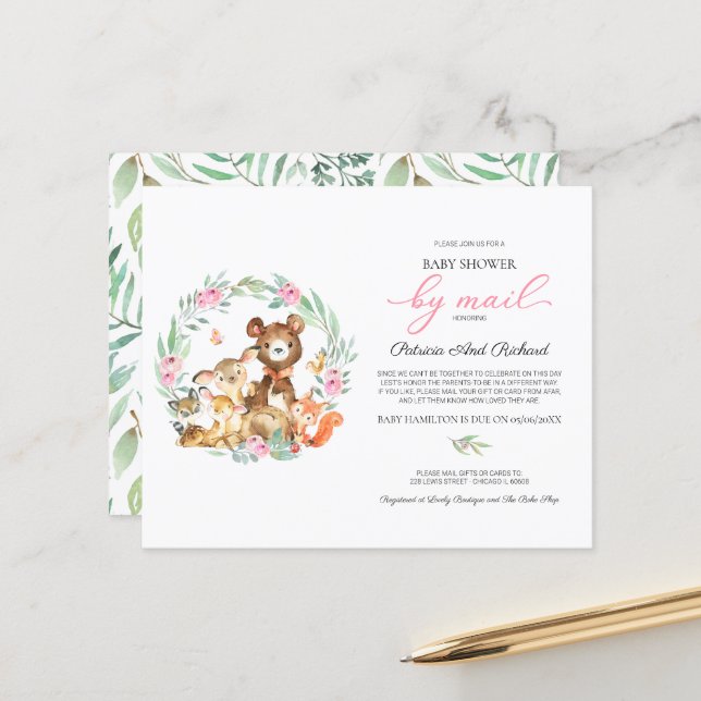 Papier Baby shower Woodland Par Courrier Budget Invitatio (Devant/Arrière en situation)