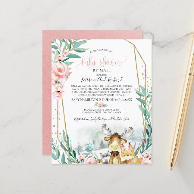 Papier Baby shower Woodland Par Courrier Budget Invitatio (Devant/Arrière en situation)