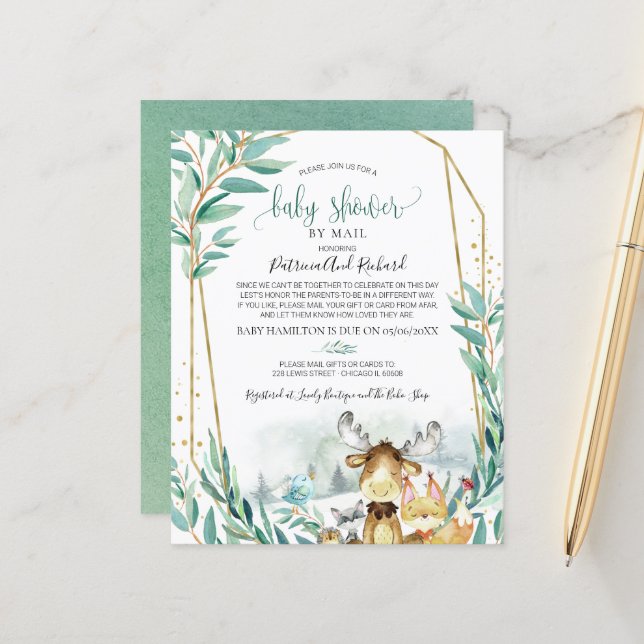 Papier Baby shower Woodland Par Courrier Budget Invitatio (Devant/Arrière en situation)