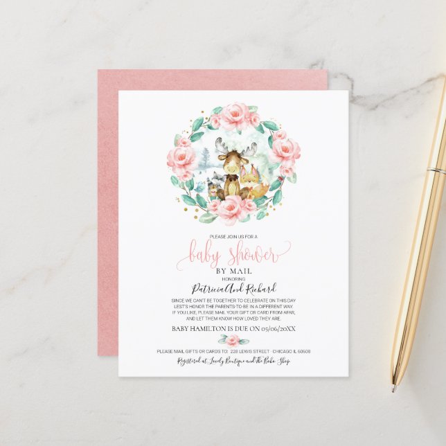 Papier Baby shower Woodland Par Courrier Budget Invitatio (Devant/Arrière en situation)