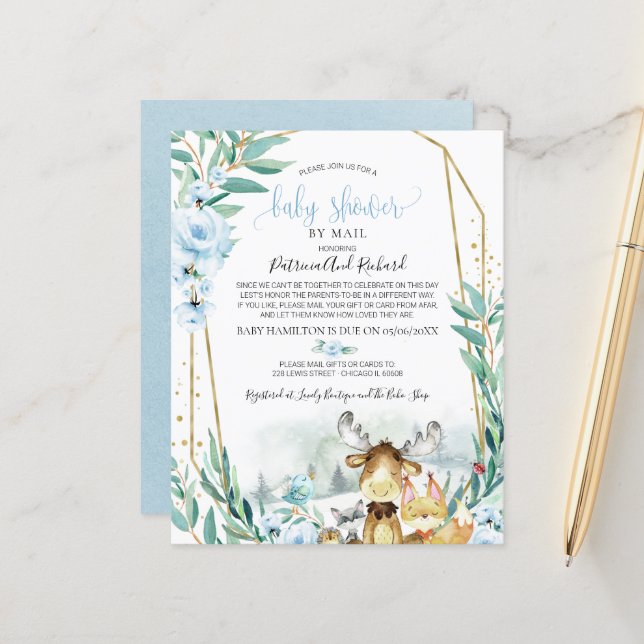 Papier Baby shower Woodland Par Courrier Budget Invitatio (Devant/Arrière en situation)