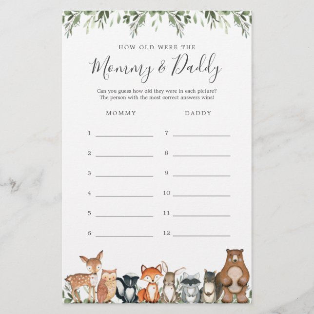 Papier Baby shower Woodland Quel Âge Avaient-Ils Jeu Cart (Devant)