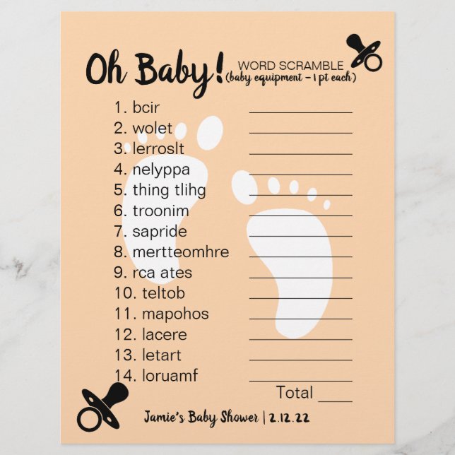 Papier Baby shower Word Scramble Peach (Devant)