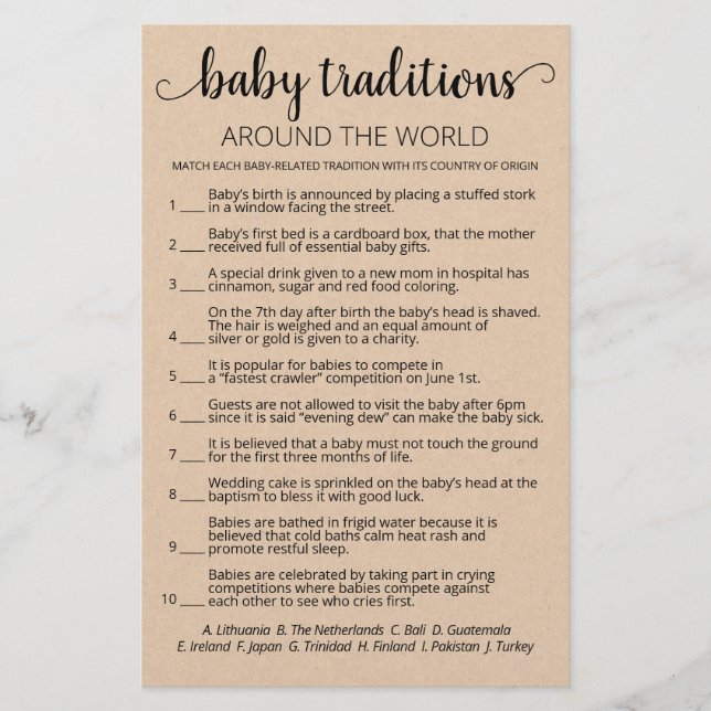 Papier Baby Traditions jeu de Baby shower avec réponses (Devant)