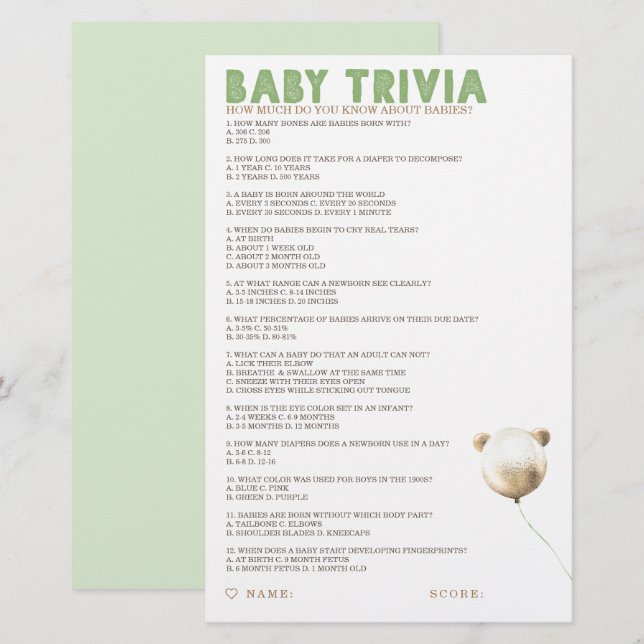 Papier Baby Trivia Baby shower Jeu (Devant / Derrière)