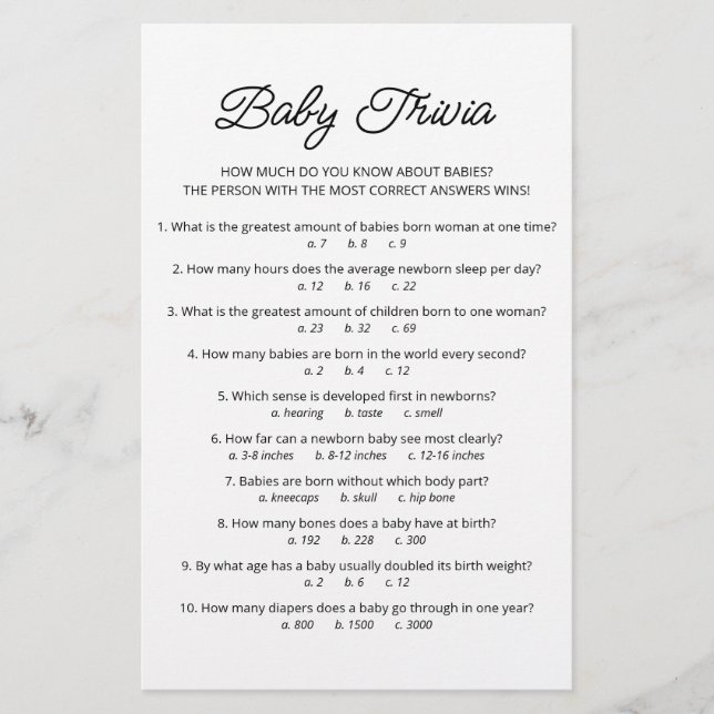 Papier Baby Trivia Jeu avec réponses Baby shower partie (Devant)