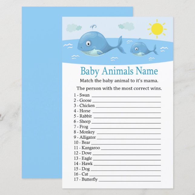 Papier Baleine Bébé Animaux Nom Jeu (Devant / Derrière)