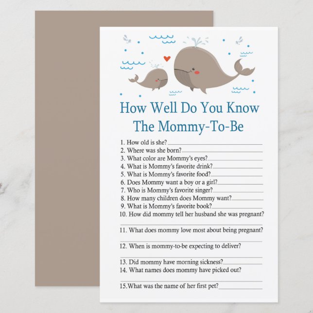 Papier Baleine Connaissez-vous bien le jeu de baby shower (Devant / Derrière)