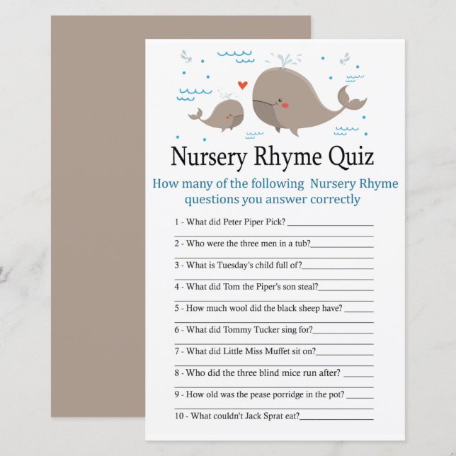 Papier Baleine Nursery Rhyme jeu de baby shower (Devant / Derrière)