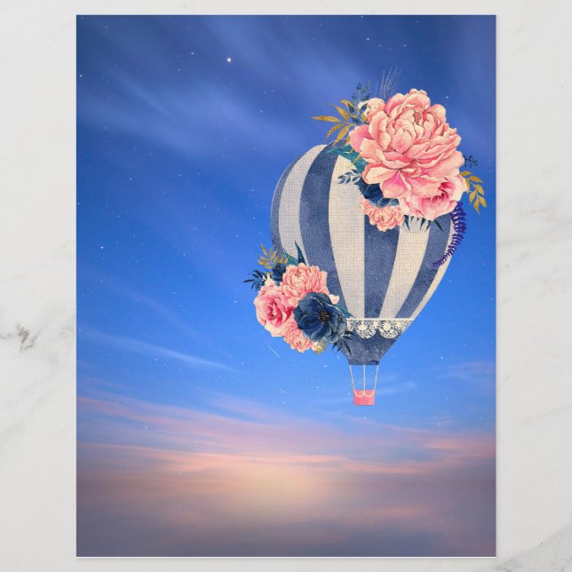 Papier Ballon à air chaud floral sur le ciel bleu romanti (Devant)