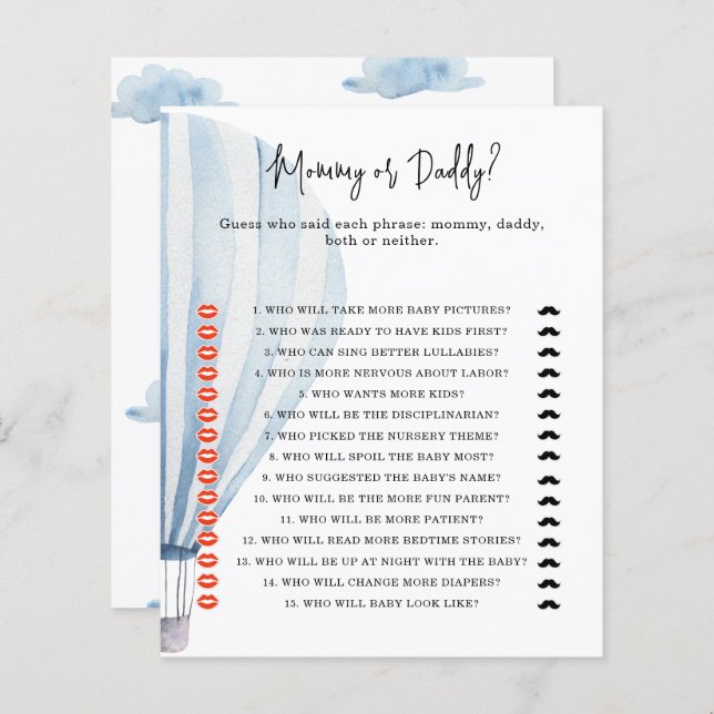 Papier Ballon à air chaud - jeu de baby shower maman ou p (Devant / Derrière)