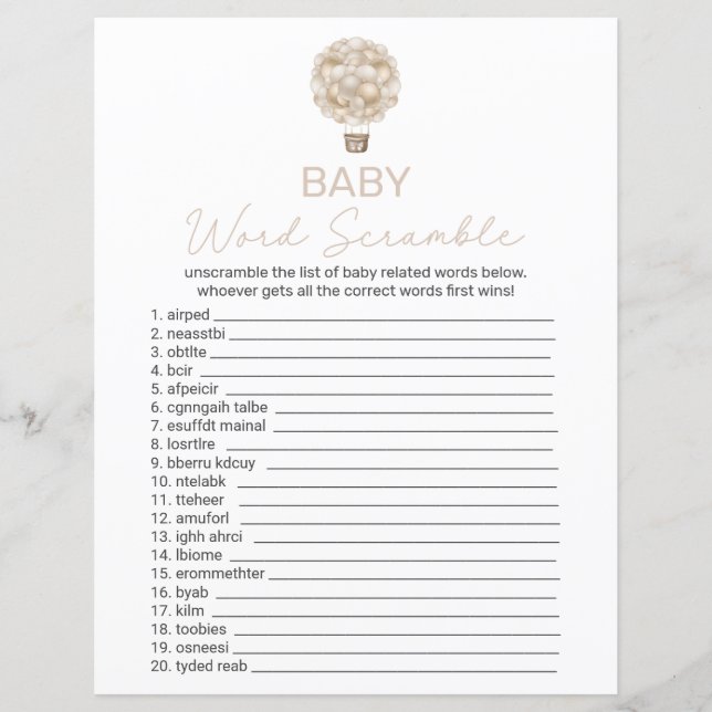 Papier Ballons à air chaud beige Baby shower Word Scrambl (Devant)
