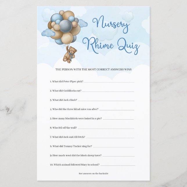 Papier Ballons bleu brun brun ours en peluche quiz sur le (Devant)