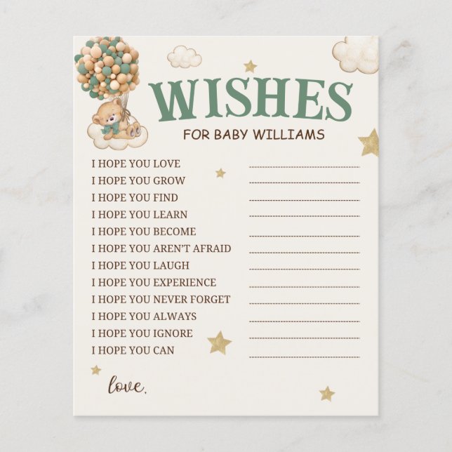 Papier Ballons Ours Voeux Vert Pour Bébé (Devant)