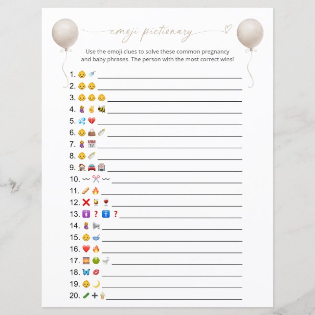 Papier Balloon Beige Emoji jeu de Baby shower Pictionary (Devant)