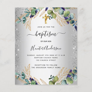 Papier Baptême argent eucalyptus vert invitation
