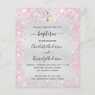 Papier Baptême argent rose jumelles invitation budgétaire