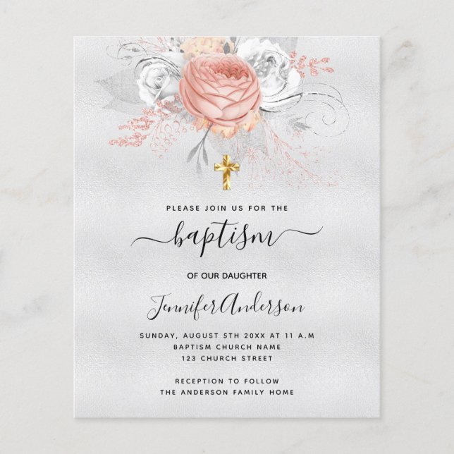 Papier Baptême argent rose or fille budget invitation (Devant)