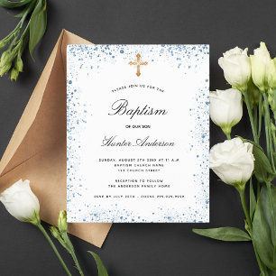 Papier Baptême bleu garçon bleu blanc invitation