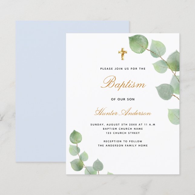 Papier Baptême budget eucalyptus or bleu garçon invitatio (Devant / Derrière)