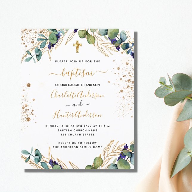 Papier Baptême budget eucalyptus or jumeaux invitation (Créateur téléchargé)