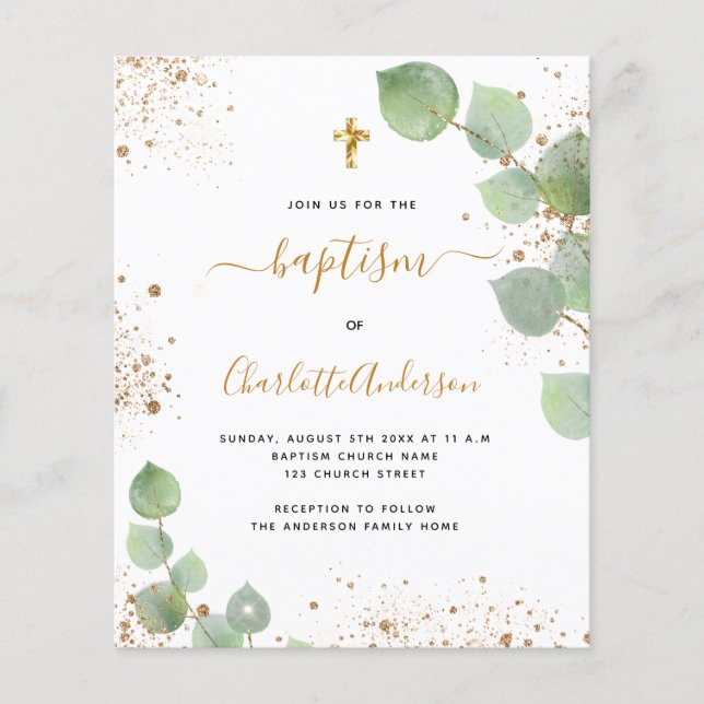 Papier Baptême budget eucalyptus parties scintillant invi (Devant)