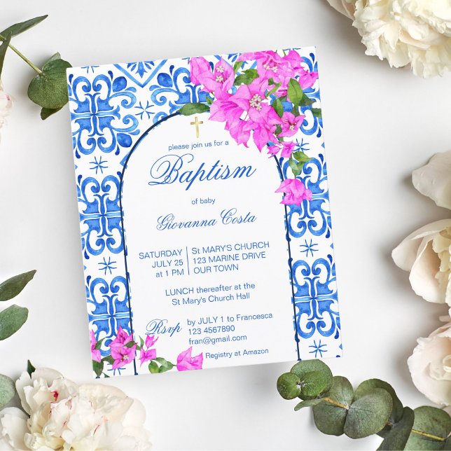 Papier Baptême Carreaux Bleus Bougainvilliers invitation  (Créateur téléchargé)